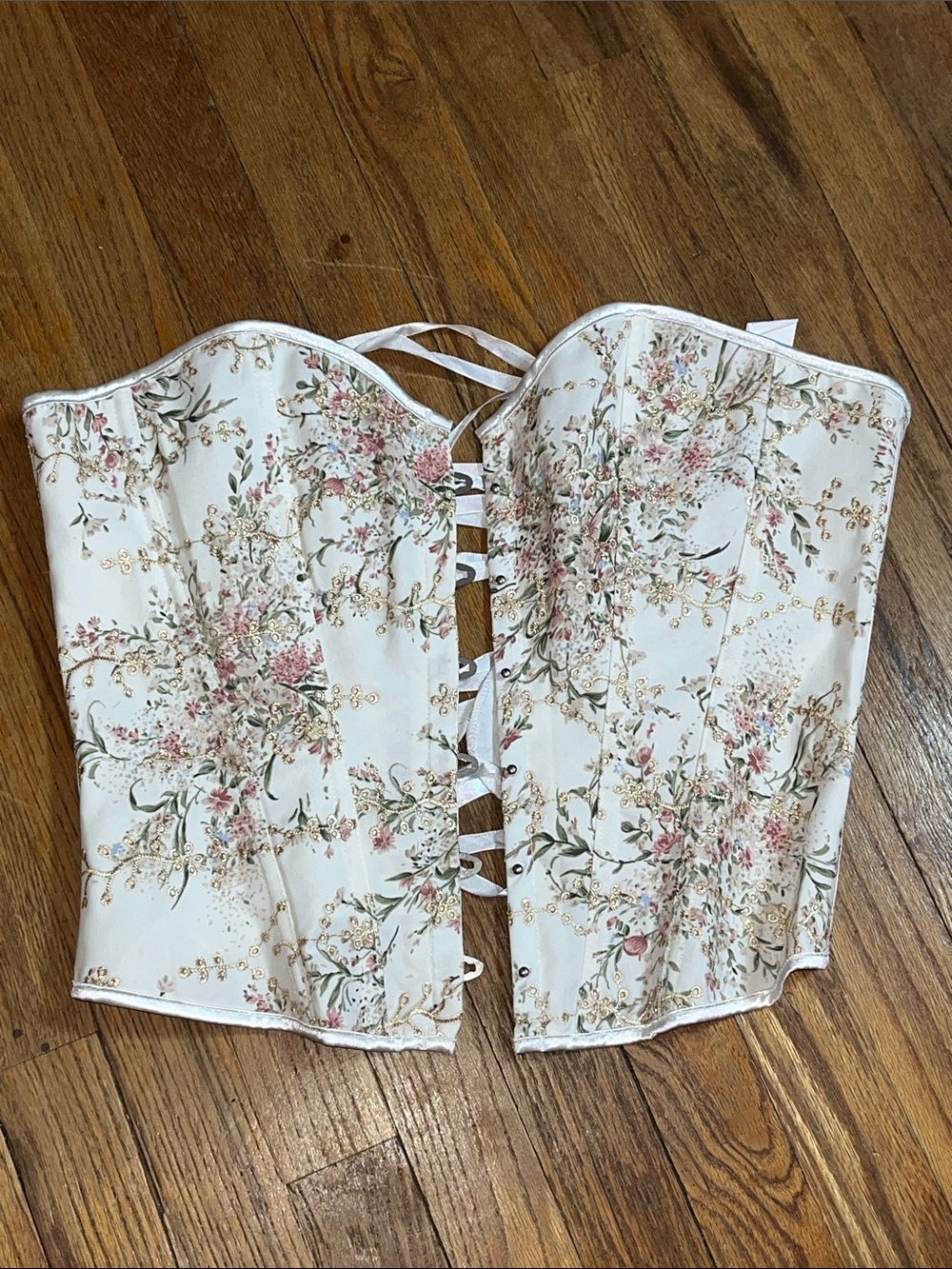 Ivory and floral patterned full coverage corset with boning  never worn
